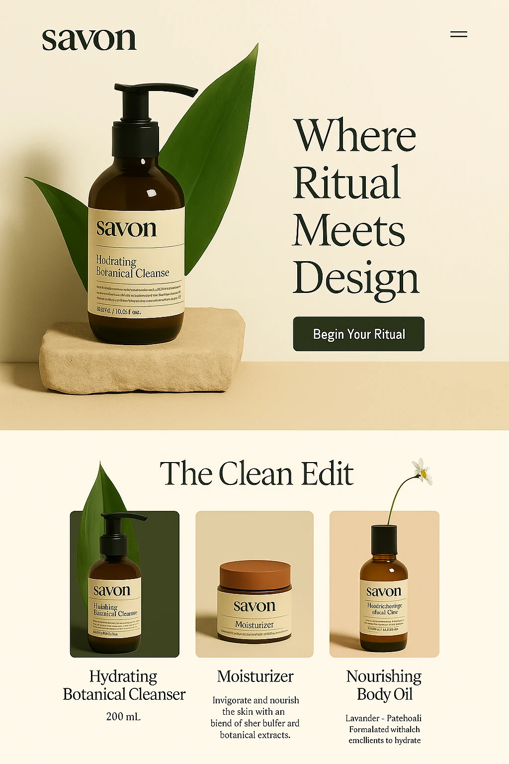 Savon skincare brand website design, hero and product grid sections